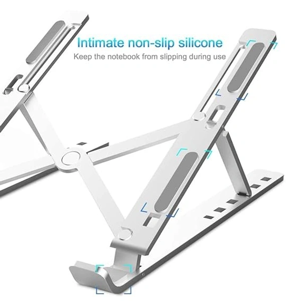 Adjustable Aluminium Laptop Stand | Ergonomic Foldable Portable Desktop Holder | Aluminium Ventilated Cooling Notebook Stand Mount with Heat-Vent - Silver