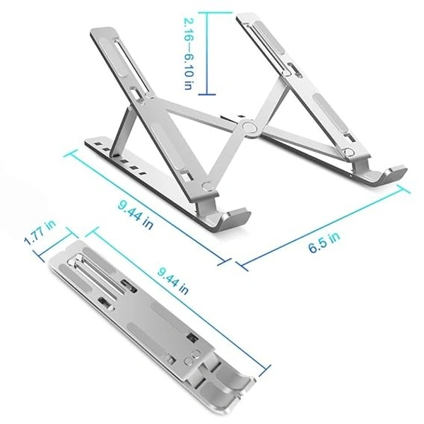 Adjustable Aluminium Laptop Stand | Ergonomic Foldable Portable Desktop Holder | Aluminium Ventilated Cooling Notebook Stand Mount with Heat-Vent - Silver