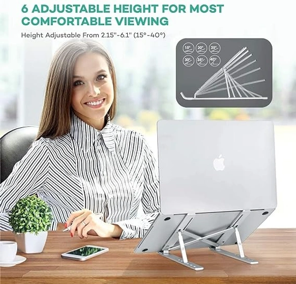Adjustable Aluminium Laptop Stand | Ergonomic Foldable Portable Desktop Holder | Aluminium Ventilated Cooling Notebook Stand Mount with Heat-Vent - Silver