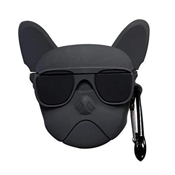 Prolet Cute Silicone AirPods Case 1 & 2 Cute 3D Bulldog Fashion Character Case Storage Bag Pouch of Soft Silicone Shockproof Protection Case Cover with Keychain (Black) - Black