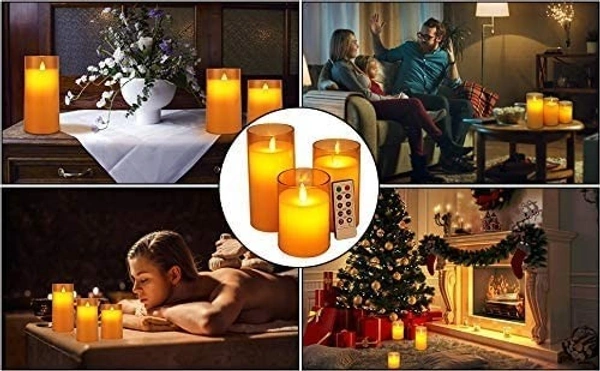  Flameless LED Candles with Golden Acrylic Glass, Remote Control and Timer - AA Battery-Powered for Home, Festival and Wedding Decor (Set of 3-3" D x 4", 5", 6" H) - Gold