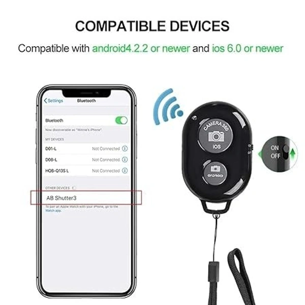 Bluetooth Shutter Remote Control Wireless Technology for Selfie Stick for Creating Videos and Photos 2 Click Button Compatible with iOS and Android Smart Phone Tablet - Black - Black
