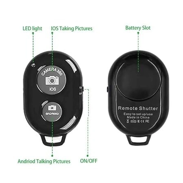 Bluetooth Shutter Remote Control Wireless Technology for Selfie Stick for Creating Videos and Photos 2 Click Button Compatible with iOS and Android Smart Phone Tablet - Black - Black