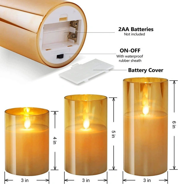 Flameless Led Glass Electric Candle With Aa Battery Powered Real Wax Candle Light Comes In Moving Flame Effect With Timer Remote (Pack of 1 + Remote) - Gold