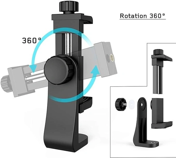  360° Mobile Holder for Tripod with Adjustable Phone Clamp Tripod Mount Adapter for All Smarphones, Tripods with Dual Mounting Options- Black - Black