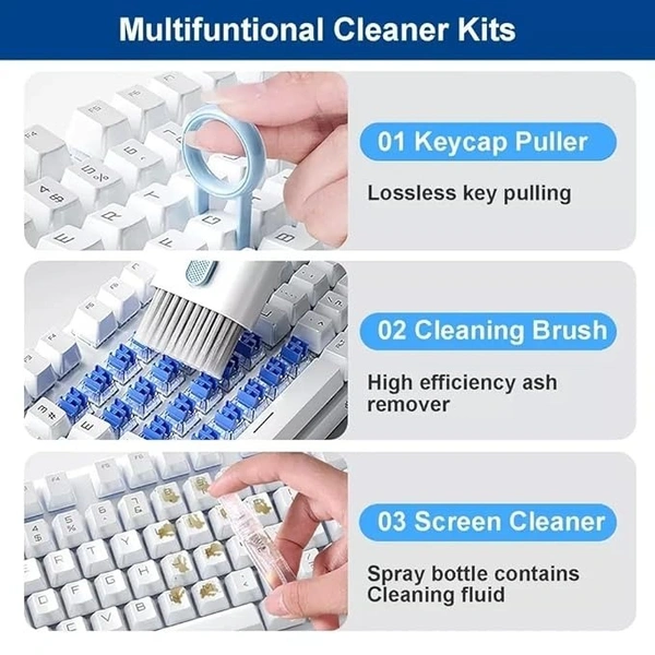 7 in 1 Keyboard Cleaner/Airpods Cleaning Kit/Laptop Cleaning Brush/Computer Cleaning Kit Gadget Comes with Key-Cap Puller Spray Bottle Earbuds Cleaner - White