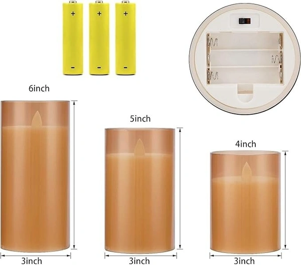  Flameless LED Candles with Golden Acrylic Glass, Remote Control and Timer - AA Battery-Powered for Home, Festival and Wedding Decor (Set of 3-3" D x 4", 5", 6" H) - Gold