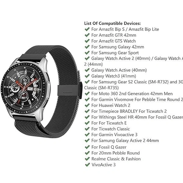 Stainless Steel 20mm Watch Strap with Magnetic Lock Compatible with Samsung Galaxy, Fast-Track, Ptron, Amazfit,Boat, Fire Boltt, Noise, Dizo, Amazfit, Beatxp All 20MM Watch- Black - Black