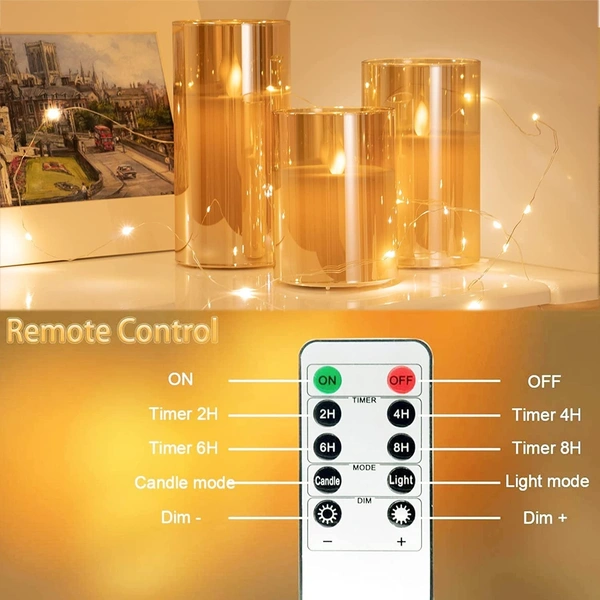 Flameless Led Glass Electric Candle With Aa Battery Powered Real Wax Candle Light Comes In Moving Flame Effect With Timer Remote (Pack of 1 + Remote) - Gold