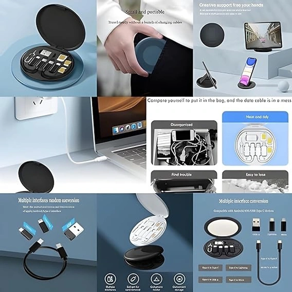 All in One 60W Travel Accessories Cable Set Type C to Type C Cable, Type C to Lightning OTG, Type-C to Micro USB OTG, Type C to USB, Sim Ejector Pin with Inbuilt Mobile Stand-Black - Black