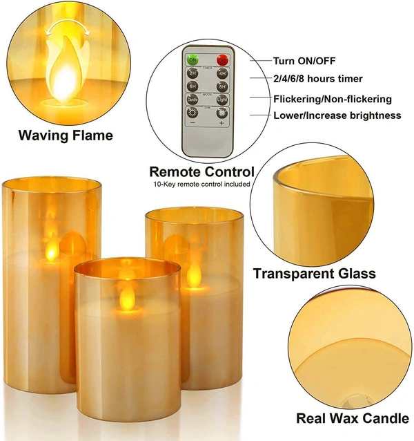 Flameless Led Glass Electric Candle With Aa Battery Powered Real Wax Candle Light Comes In Moving Flame Effect With Timer Remote (Pack of 1 + Remote) - Gold