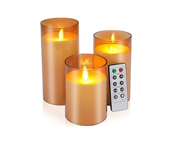  Flameless LED Candles with Golden Acrylic Glass, Remote Control and Timer - AA Battery-Powered for Home, Festival and Wedding Decor (Set of 3-3" D x 4", 5", 6" H) - Gold