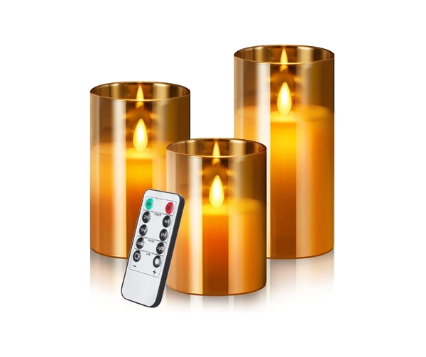 Flameless Led Glass Electric Candle With Aa Battery Powered Real Wax Candle Light Comes In Moving Flame Effect With Timer Remote (Pack of 1 + Remote) - Gold