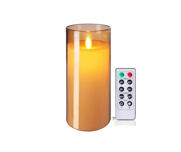  Flameless LED Candles AA Battery Powered Acrylic Glass Candle with Remote Control Timer and Modes Ideal for Home Decor Festival Romantic Dinner (3" D x 6" H) - Gold