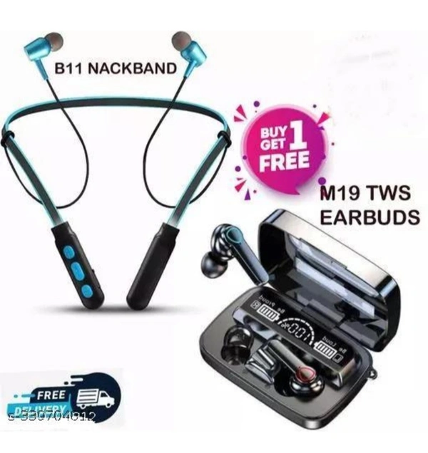 Bluetooth Neckband B11 Combo M19 TWS Earbud - Black