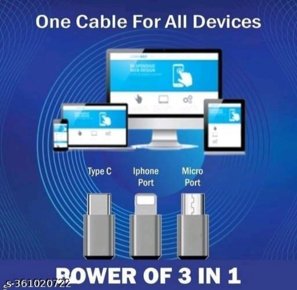 Multi Pin Mobile Data Cable, Latest 3 in 1 Cable Fast, Rapid  - Black