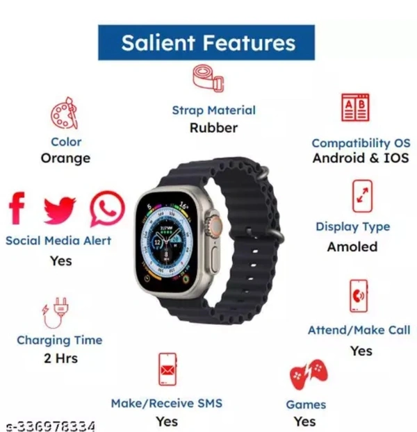 T800 Smartwatch with Bluetooth Calling, SMS Alert, Social Media Alert, Heart rate & Step Tracking (Black) - Black