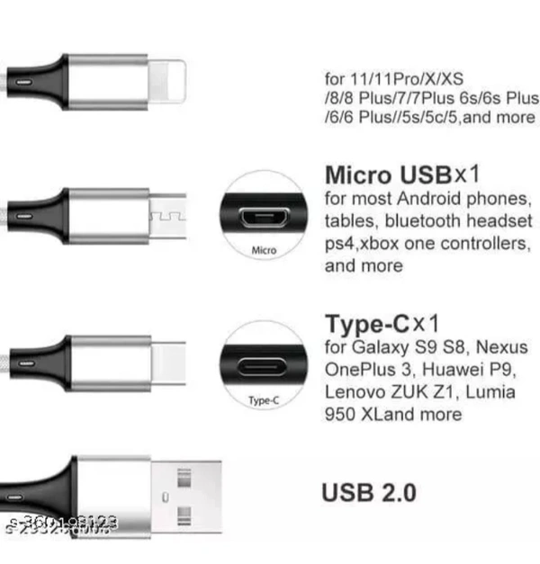 Multi Pin Mobile Data Cable, Latest 3 in 1 Cable Fast, Rapid Charging - Silver