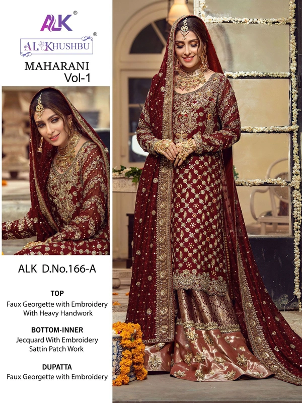  🌹*Exclusive BRIDAL Collection"**FABRICS :-*🔺Top:FAUX GEORGETTE EMBROIDERED WITH HEAVY HANDWORK🔺Sleeves:Embroidered 🔺Bottom:JACQUARD WITH  EMBROIDERED SATTIN PATCHWORKINNER:- HEAVY DULL SANTOON      🔺Dupatta:-FOX GEORGETE WITH HEAVY EMBROIDERED 