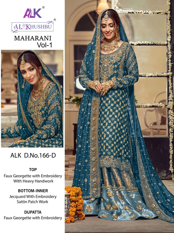  🌹*Exclusive BRIDAL Collection"**FABRICS :-*🔺Top:FAUX GEORGETTE EMBROIDERED WITH HEAVY HANDWORK🔺Sleeves:Embroidered 🔺Bottom:JACQUARD WITH  EMBROIDERED SATTIN PATCHWORKINNER:- HEAVY DULL SANTOON      🔺Dupatta:-FOX GEORGETE WITH HEAVY EMBROIDERED 