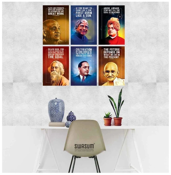 Motivational Wall Posters and Inspirational Quotes for Office, Home and gym, (APJ Abdul kalam, B.R. Ambedkar, Swami Vivekananda, Sardar Patel, Mahatma Gandhi, Rabindranath Tagore) Pack of 06 Paper Print (18 inch X 12 inch, Rolled)