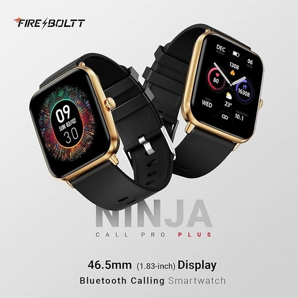 Fire-Boltt Ninja  Dual Chip Bluetooth Calling, 1.69" Display  Smart Watch (Gold Black) - STRAP SIZE-Free Size (48MM)     Display Size-1.83 inch, Gold, Black, 7 Days Service Center Replacement/Repair, Covers Manufacturing Defects Warranty Service Type Contact infocare@boltt.com to Claim Warranty. Replacement will be given by the brand against Manufacturing Defects. Covered in Warranty Manufacturing Defects Not Covered in Warranty Physical & Water Damage Domestic Warranty 1 Year