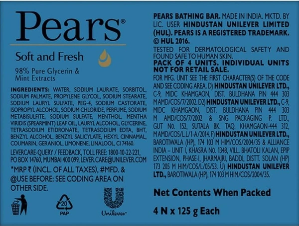 Pears Soft and Fresh Soap Bar (Combo Pack of 4) - With Glycerin and Mint for Soft Skin & Body, Paraben-Free Body Soaps For Bath Ideal for Men & Women Goshop.in
