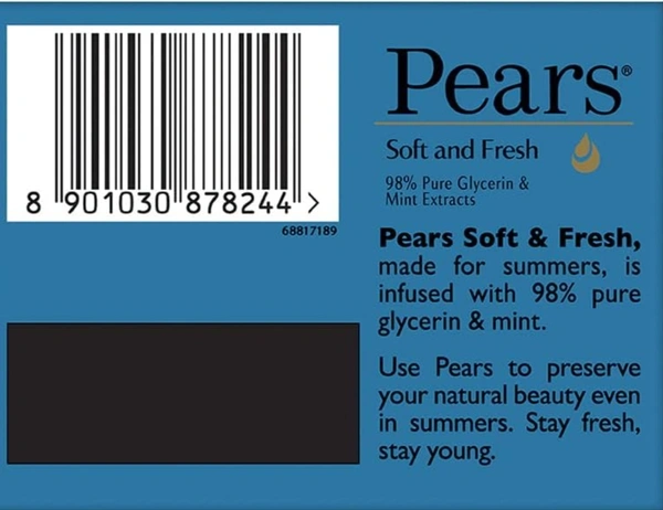 Pears Soft and Fresh Soap Bar (Combo Pack of 4) - With Glycerin and Mint for Soft Skin & Body, Paraben-Free Body Soaps For Bath Ideal for Men & Women Goshop.in