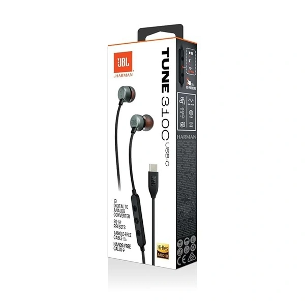 JBL Tune 310C Wired in Ear Type C Headphones, Hi-Res Audio with Digital-to-Analog Converter, 3-Button EQ Preset Remote with Microphone, Tangle-Free Flat Cable, Compatible with USB-C Devices - Black, TYPE C
