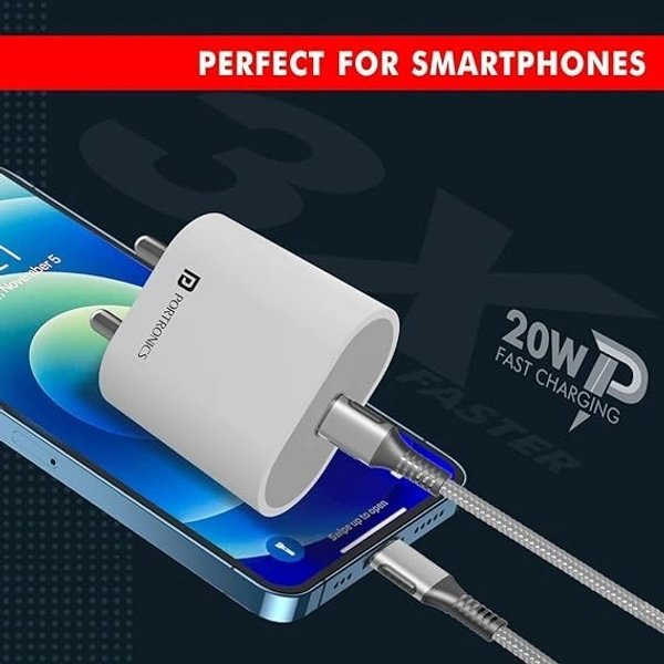 Portronics Adapto 20 Type C 20w Charger for Android,iPhone 14/14 Plus/ 14 Pro/ 14 Pro Max, iPhone 13/13 Pro/13 Pro Max/13 Mini, 12/12 Mini/ 12 Pro Max, iPhone 11 Series with PD 3.0 - White