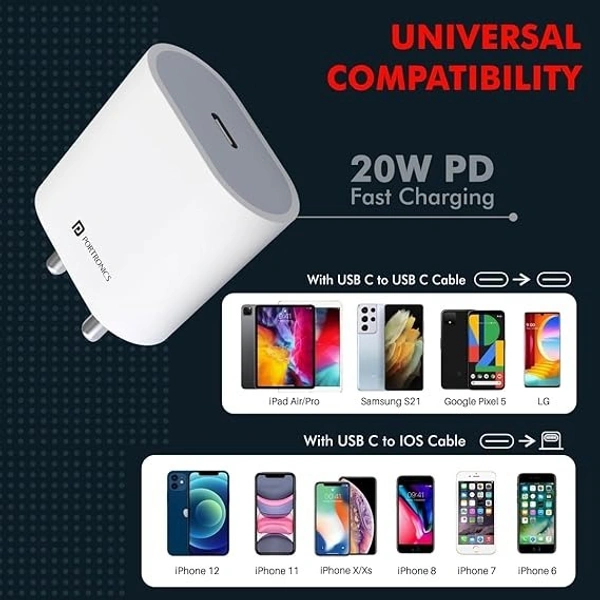 Portronics Adapto 20 Type C 20w Charger for Android,iPhone 14/14 Plus/ 14 Pro/ 14 Pro Max, iPhone 13/13 Pro/13 Pro Max/13 Mini, 12/12 Mini/ 12 Pro Max, iPhone 11 Series with PD 3.0 - White