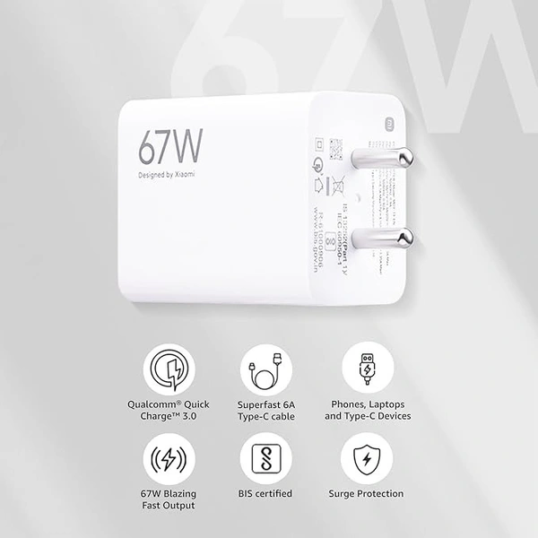 MI Mi Xiaomi Original 67W Fast Charger Combo/Rapid Charging with Qualcomm Quick Charge 3.0. Includes USB Type-C 6A Fast Charge Cable. Compatable with mobiles, laptops, and Power Banks - White, 67W