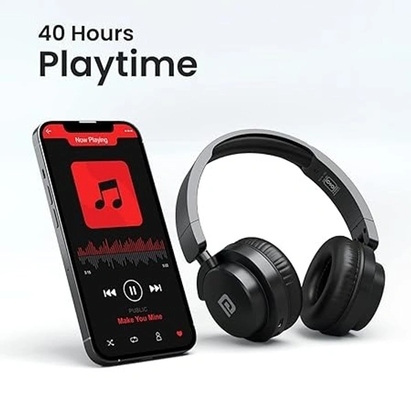 Portronics Muffs M2 Bluetooth Headphones On Ear With Upto 40 Hrs Playtime, 40mm Dynamic Drivers, AUX 3.5mm, Powerful Bass, Laptop & PC Support, Type C Charging Port, Foldable Design - Black