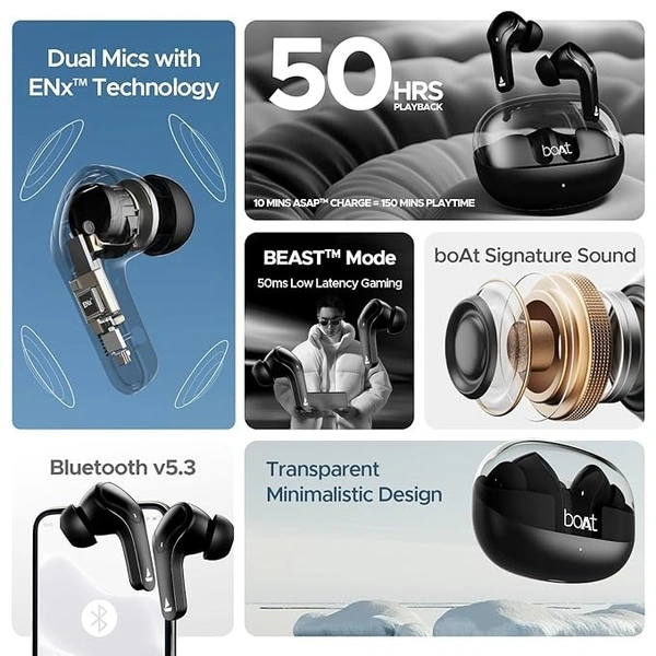 boAt Airdopes 311 Pro Truly Wireless in Ear Ear Buds w/upto 50 HRS Playtime, Dual Mics with ENx™ Tech,50 ms Low-Latency Beast™ Mode,ASAP™ Charging, IPX4,IWP Tech & BT v5.3 ear buds tws  - Black, TWS