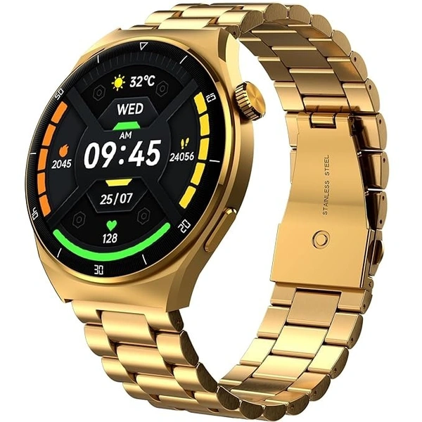 beatXP Vega X 1.43" (3.6 cm) Super AMOLED Display, One-Tap Bluetooth Calling Smart Watch, Metal Body, Rotary Crown, 466 * 466px, 500 Nits Brightness - Gold Metal Chain, SmartWatch