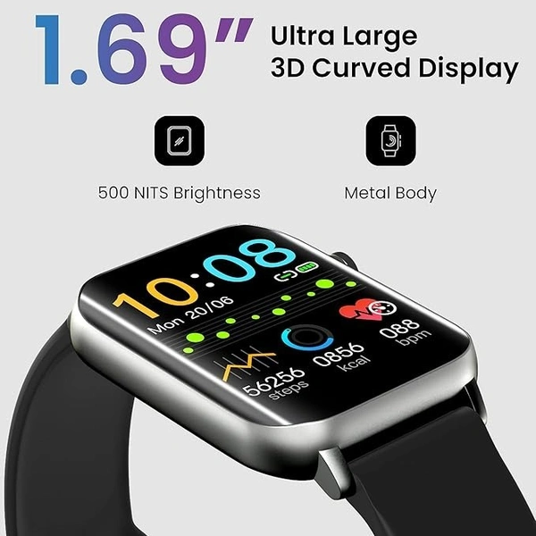 BOAT TAGG Verve Ultra Smartwatch with 1.69'' 3D Curved Display, Real SPO2, and Real-Time Heart Rate Tracking, 10 Days Battery Backup, IPX68 Waterproof - Free, Black, SmartWatch