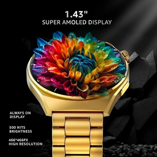beatXP Vega X 1.43" (3.6 cm) Super AMOLED Display, One-Tap Bluetooth Calling Smart Watch, Metal Body, Rotary Crown, 466 * 466px, 500 Nits Brightness - Gold Metal Chain, SmartWatch
