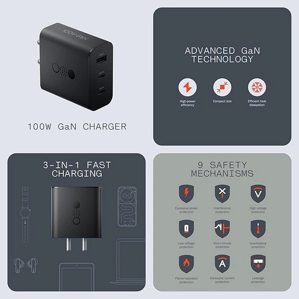 CMF BY NOTHING 100 W Power GaN 5 A 3 Port Mobile Charger with Detachable Cable - Dark Grey, 100W