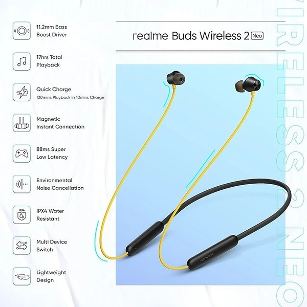 realme Buds Wireless 2 Neo Bluetooth in Ear Earphones with Mic, Fast Charging & Up to 17Hrs Playtime - Black, Neckband