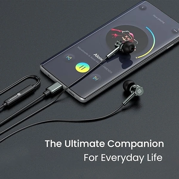 Portronics Conch Tune C in Ear Type C Wired Earphones with Mic,10mm Driver, 1.2m Nylon Braided Anti Tangle Wire, in line Controls, Metal Alloy Body, Wide Compatibility - Grey, Type C