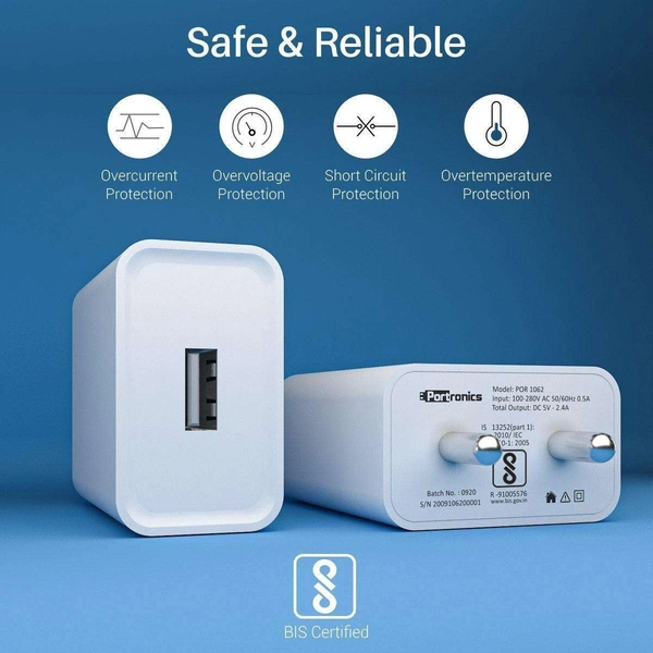 Portronics Adapto 62 2.4A 12W Mach USB Port USB Fast Wall Charger, BIS Certified, Made in India,Single USB Charging Adapter for iPhone 11/Xs/XS Max/XR/X/8/7/6/Plus, iPad Pro/Air 2/Mini 3/Mini 4 - White