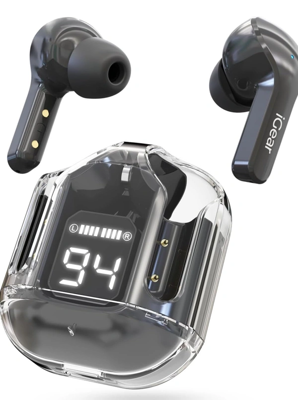 Crystal Wireless Earbuds, Transparent Charging Case and LED Digital Display, Bluetooth Earphones with ENC Noise Cancelling, Touch Control, Google Assistant and Siri Support  - Black