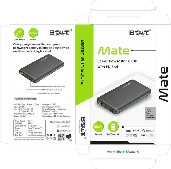 BOLTE (22.5W) POWER BANK 10000 mAh QCPD OUTPUT (MATE) BPB-22