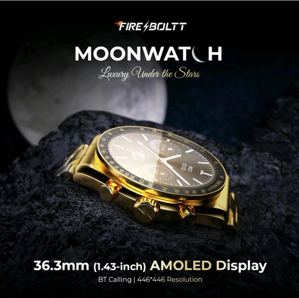 Fire-Boltt Moonwatch 36.3mm (1.43 inch) AMOLED Display, Wireless Charging, Metallic Frame, Stainless Steel Luxury Straps, Complete Health Suite, Bluetooth Calling, Sports Modes (Gold) - Gold, Smart Watch