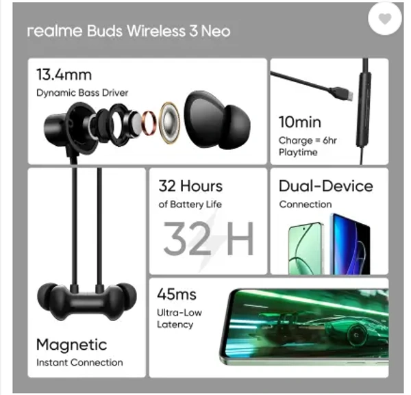 realme Buds Wireless 3 Neo with 13.4mm Driver, 32 hrs Playback, Dual Device Connection Bluetooth Headset  - Black, Neckband