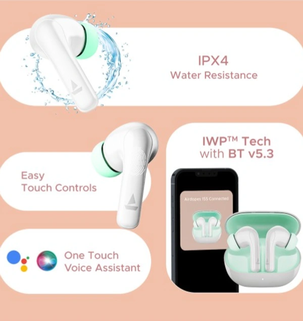 boAt Airdopes 155 w/ 40H Playtime, In-Ear Detection & Quad Mics w/ ENx Tech - Ivory White, TWS
