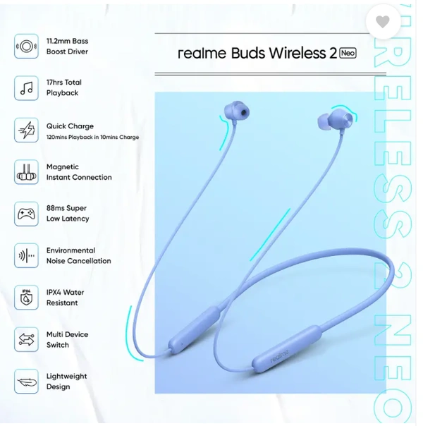 realme Buds Wireless 2 Neo Bluetooth in Ear Earphones with Mic, Fast Charging & Up to 17Hrs Playtime - Sky Blue, Neckband