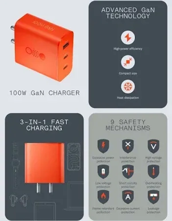 CMF BY NOTHING 100 W Power GaN 5 A 3 Port Mobile Charger with Detachable Cable - Orange, 100W