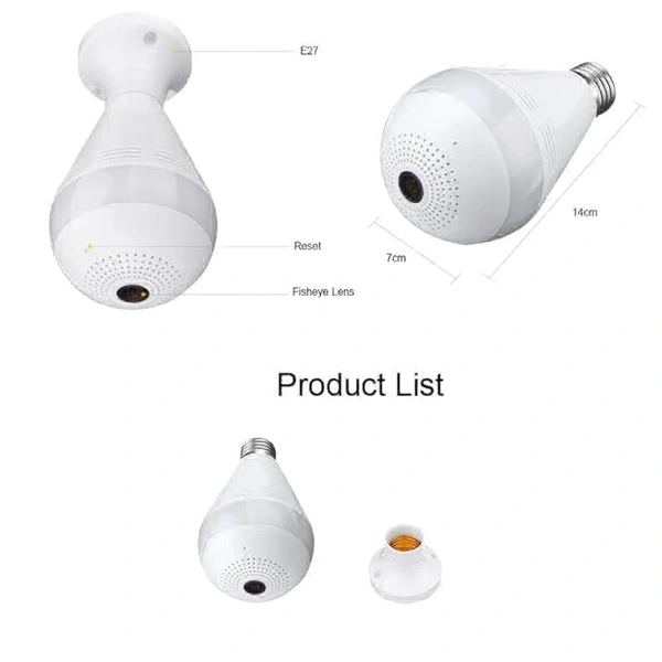 Bulb Camera Indoor WiFi Full HD Bulb Shape Fisheye 360° Panoramic Wireless WiFi IP CCTV Security Camera (Bulb Camera)