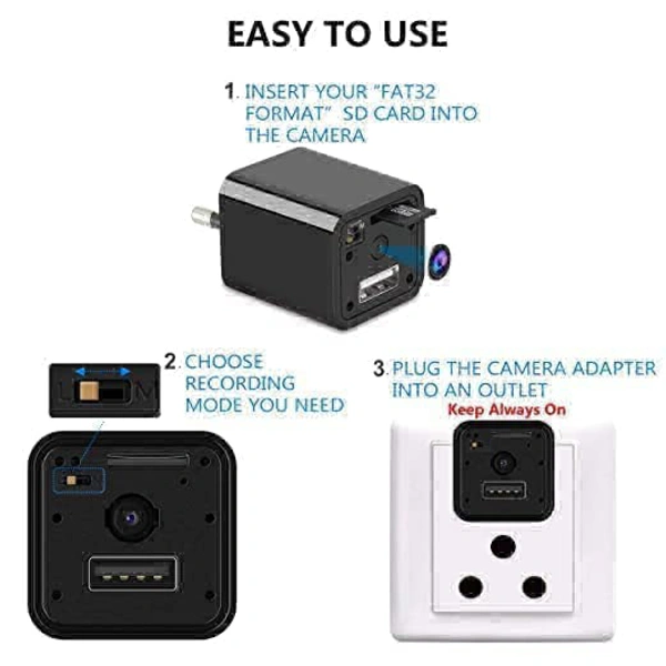 Charger Camera for Home, Charger Adapter CCTV with Mobile Viewing & Night Vision 1080P Mini Lamp IR CCTV Home Security Plug & Play Charger Camera